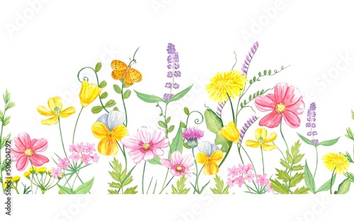 Watercolor floral seamless border with colorful wildflowers, leaves.