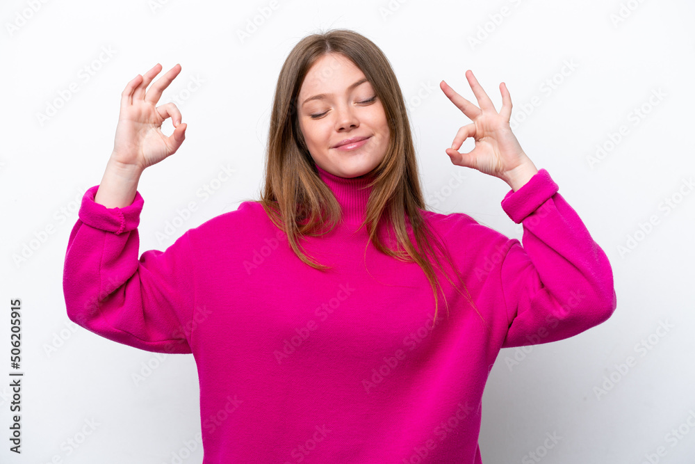 Young caucasian woman isolated on white background in zen pose Young caucasian woman isolated on white background in zen pose