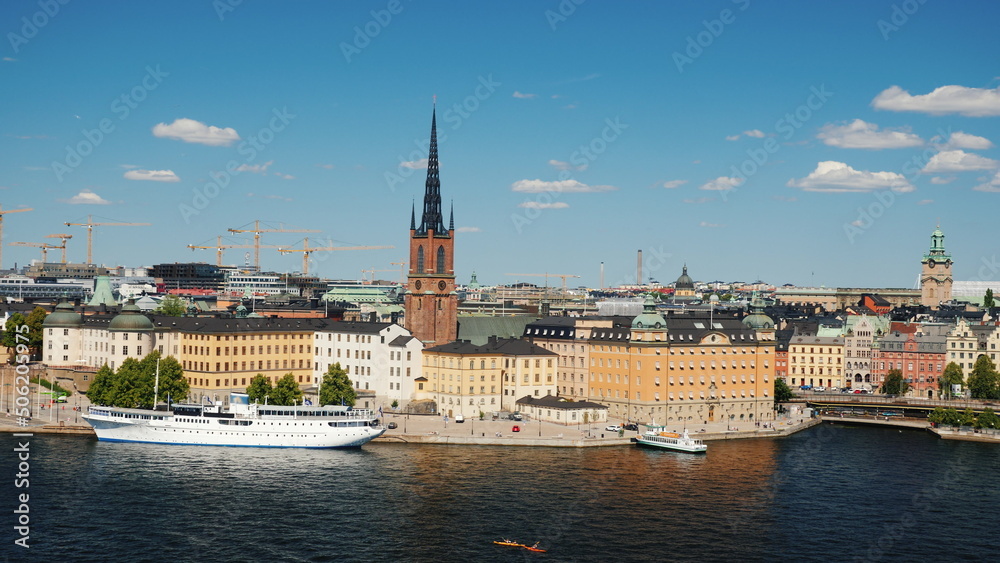 Pan shot of the city of Stockholm. A clear sunny day in the capital of Sweden