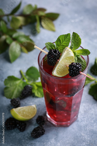 Summer. Drinks and cocktails. Mojito diablo. Beverage with grapefruit  blackberries and currants with ice and fresh mint in a glass on a light background. Summer. Background image  copy space