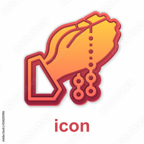 Gold Hands in praying position with rosary icon isolated on white background. Praying hand islam muslim religion spirituality religious. Vector