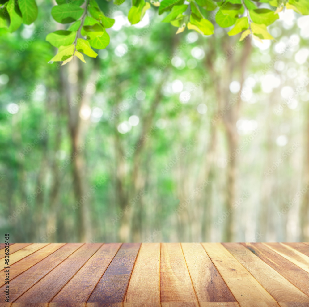Empty brown wooden table with Fresh and Deep tropical jungles of Southeast Asia in Panorama of a scenic forest of fresh green deciduous trees with the sun casting its rays of light through the foliage