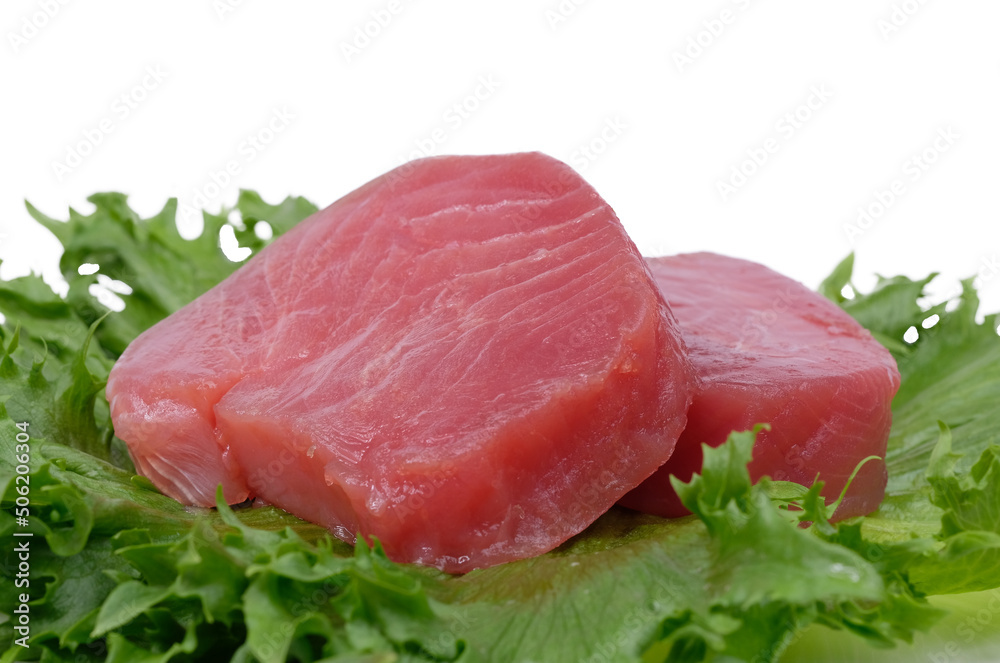 Red tuna steak, on white. This is considered the best tuna and is the type used in sushi. Red tuna steak, on white. This is considered the best tuna and is the type used in sushi.