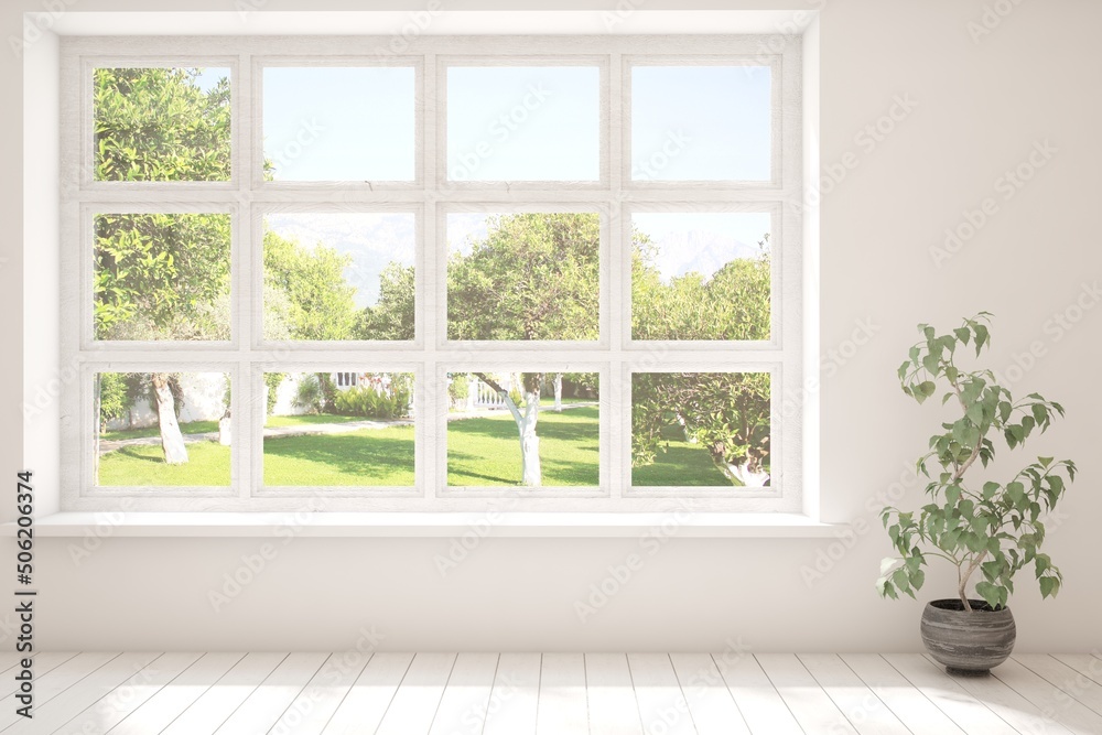 White empty room with summer landscape in window. Scandinavian interior design. 3D illustration White empty room with summer landscape in window. Scandinavian interior design. 3D illustration