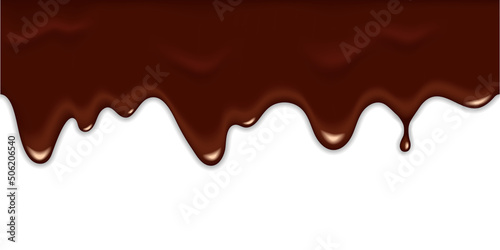 Seamless dripping melted dark or milk chocolate isolated on white background. Realistic vector 3d illustration of brown cream sauce, liquid cocoa or syrup drop. Horizontal border elements
