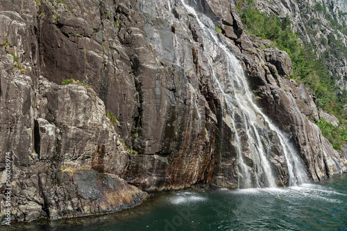 Waterfall rock mountain landscape, sea Lysefjord, Norway