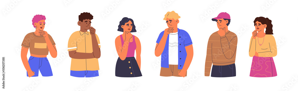 Confused men and women stand in thoughtful poses. Puzzled people in doubts and questions. Hand drawn color vector illustration isolated on white background. Modern flat cartoon style.