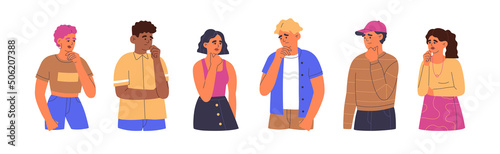 Confused men and women stand in thoughtful poses. Puzzled people in doubts and questions. Hand drawn color vector illustration isolated on white background. Modern flat cartoon style. © Alice