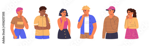 Confused men and women stand in thoughtful poses. Puzzled people in doubts and questions. Hand drawn color vector illustration isolated on white background. Modern flat cartoon style.