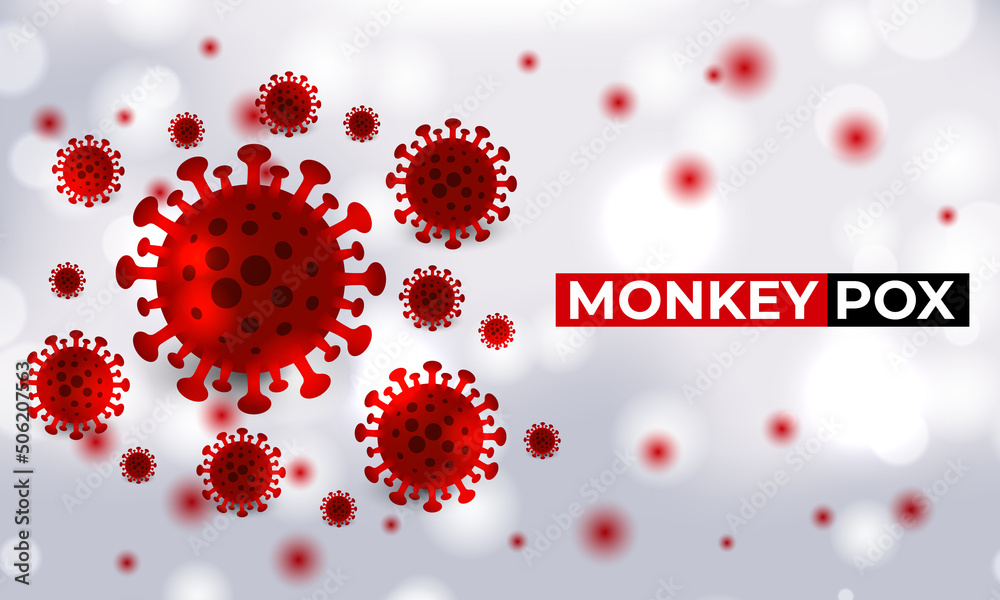 Monkeypox virus cells outbreak medical banner. Monkeypox virus cells on white sciense background. Monkey pox microbiological vector background. - obrazy, fototapety, plakaty 
