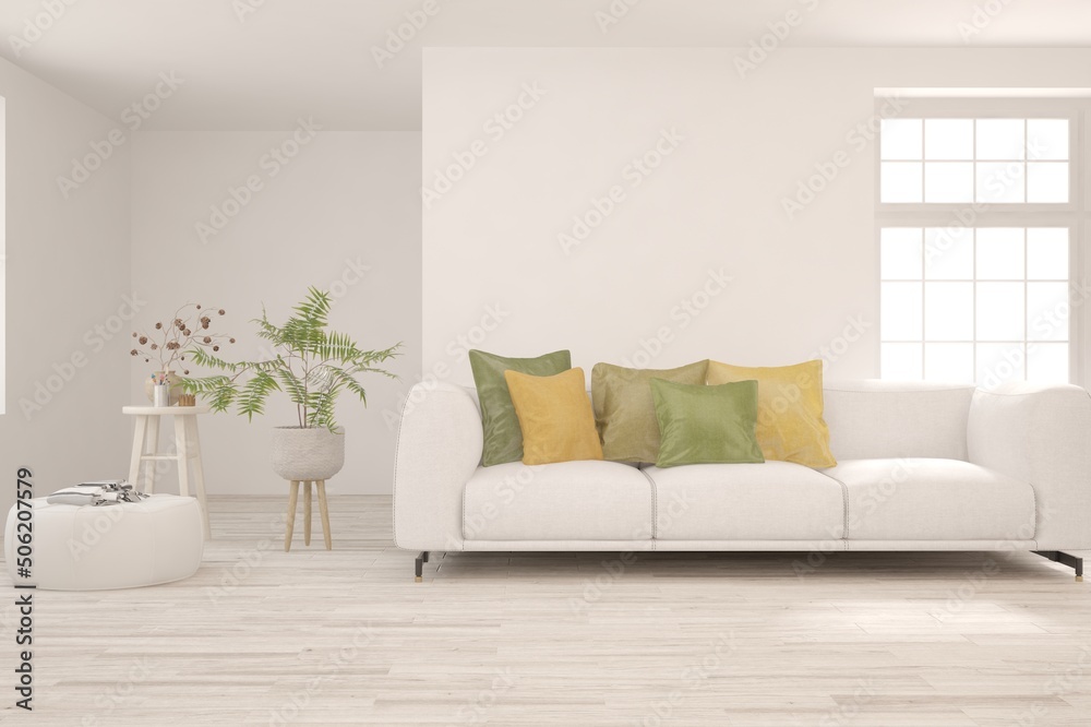 White living room with sofa. Scandinavian interior design. 3D illustration