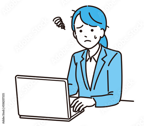 ノートパソコンで仕事をする会社員女性　不満を感じる　イラスト