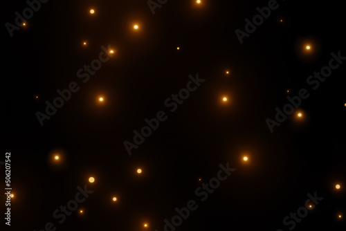 3D Render of many small yellow red particles flying on the black festive background. The trendy backdrop for your design. Three-dimensional illustration