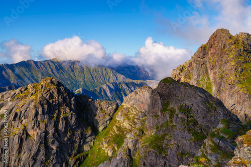 Top of mount Festvagtinden on Lofoten islands in Norway photo