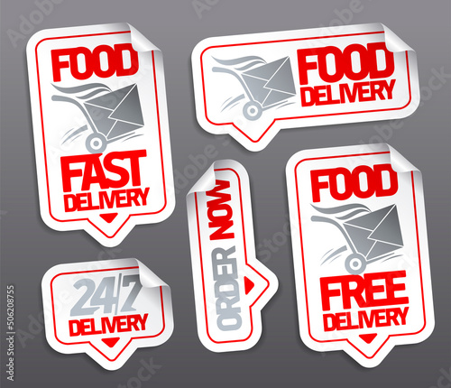 Food delivery, order now, food free delivery, 24/7 delivery - stickers set