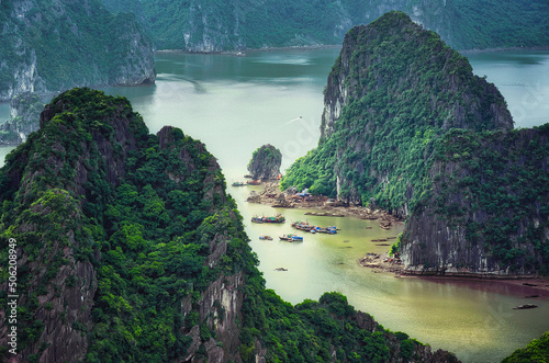 A view of Ha Long bay viewed from Bai Tho mountain in Ha Long city, Quang Ninh province, Vietnam.