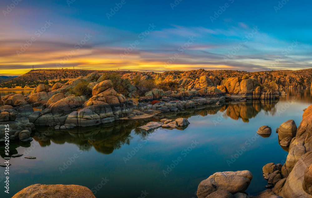 Colorful sunset above Watson Lake in Prescott, Arizona
