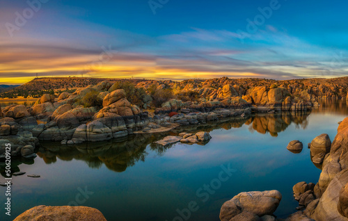 Colorful sunset above Watson Lake in Prescott, Arizona