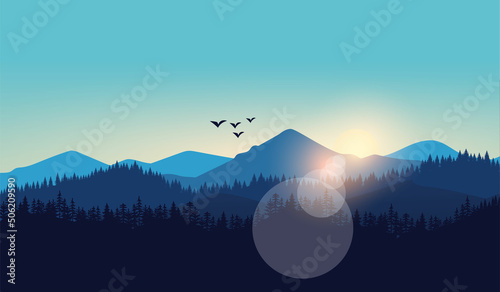 sunset in mountains Vector illustration of the pine trees forest receding into the distance on the background