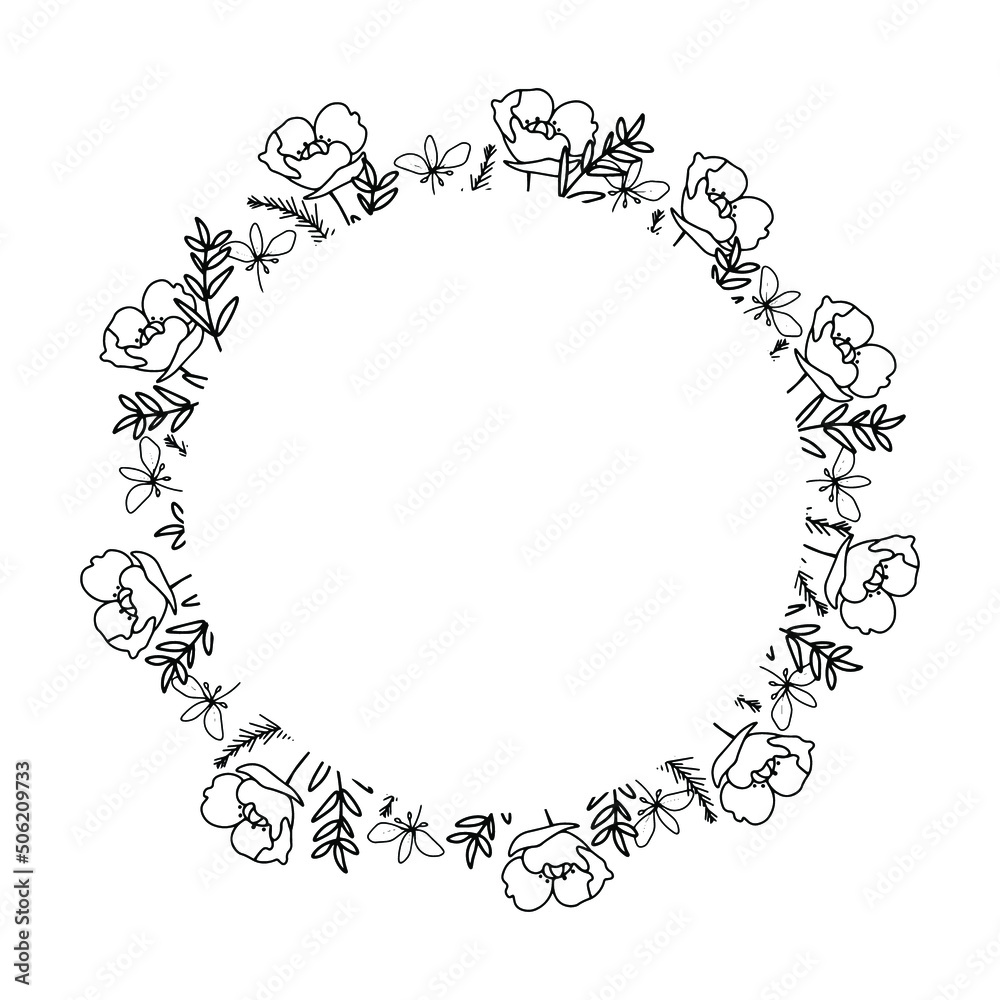 Vector frame with flowers with a black line. Botanical, floral pattern,hand drawn wreath. Designs for wrapping paper, textile, scrapbooking paper, fabric,wrapping,printing,wedding invitations.