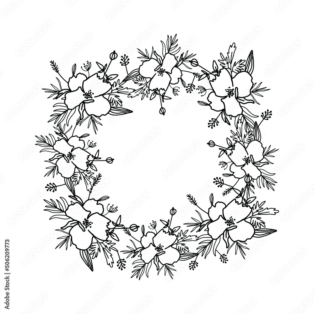 Vector frame with flowers with a black line. Botanical, floral pattern,hand drawn wreath. Designs for wrapping paper, textile, scrapbooking paper, fabric,wrapping,printing,wedding invitations. Vector frame with flowers with a black line. Botanical, floral pattern,hand drawn wreath. Designs for wrapping paper, textile, scrapbooking paper, fabric,wrapping,printing,wedding invitations.
