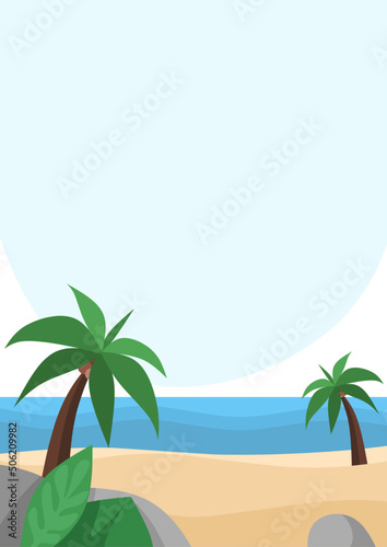 Fototapeta Naklejka Na Ścianę i Meble -  landscape illustration peaceful beach background with blue sea and clear sky, coconut trees, and lighthouse suitable for summer design, vacation, decoration, and more
