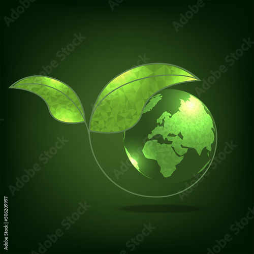 Green earth icon. World environment day. Ecology concept. Global map with leaves on Green background. Leaf world vector logo template. 