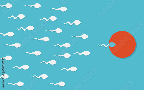 The sperm cell leader . Active sperm cells swim to the egg. Background of moving sperm. Vector illustration. photo