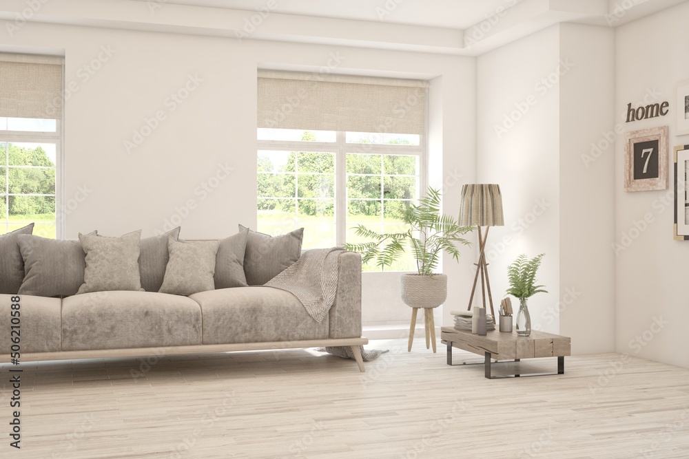 White living room with sofa and summer landscape in window. Scandinavian interior design. 3D illustration White living room with sofa and summer landscape in window. Scandinavian interior design. 3D illustration