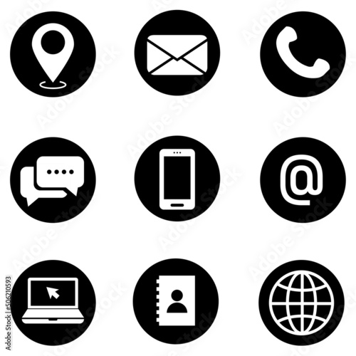 Internet communication via computer, phone or mail icon in black circle.