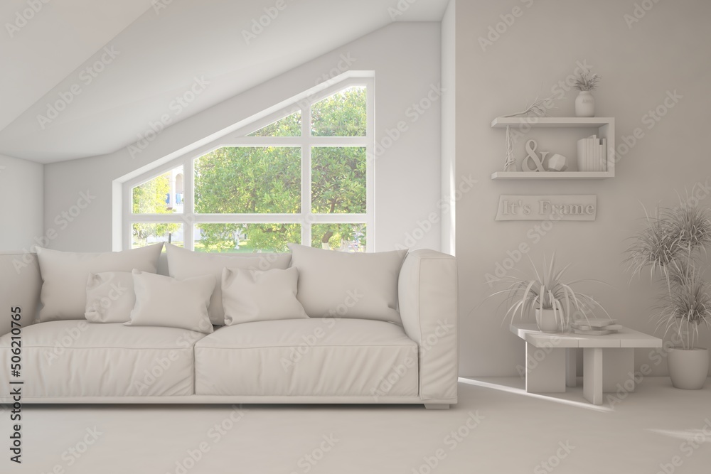 Mock up of stylish room in white color with sofa and green landscape in window. Scandinavian interior design. 3D illustration Mock up of stylish room in white color with sofa and green landscape in window. Scandinavian interior design. 3D illustration