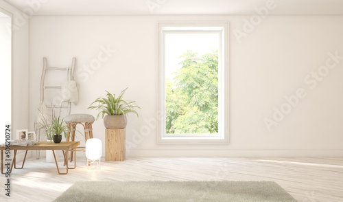 White empty room with wooden home decoration and summer landscape in window. Scandinavian interior design. 3D illustration