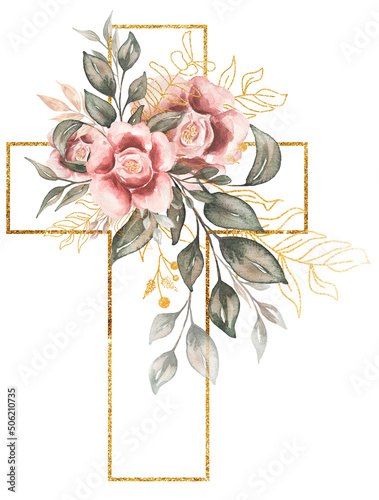 Wallpaper Mural Cross Clipart, Watercolor golden frame cross With pink peony flowers and greener