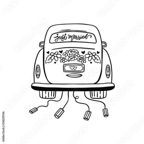 Just married car vector outline illustration. Great design for any purposes. Happy family banner design.