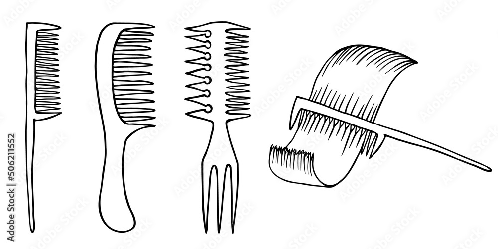 Barber comb set. Сomb with frequent and rare teeth and double-ended comb with a fork on the handle. Outline doodle sketch. Vector icon of professional hairdresser tool for hairdressing salon concept. - obrazy, fototapety, plakaty 