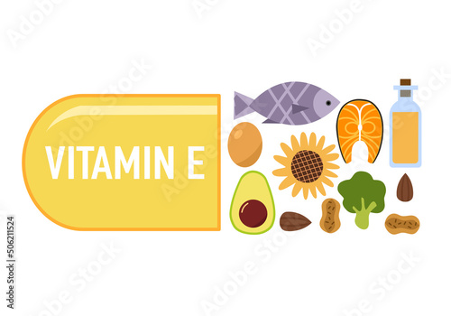 Vitamin E medical capsule with avocado, fish, sunflower oil, peanut, egg in flat design. Skin care essential mineral.