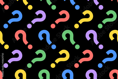 Abstract seamless pattern question marks in rainow colors on a black background.