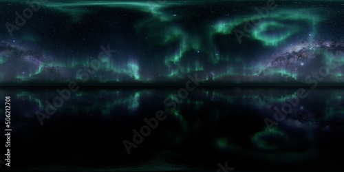 Bild auf Leinwand HDRI - Ice terrain with Aurora Borealis on the sky 48 - Panorama