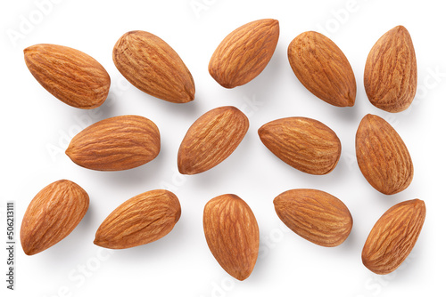 Almonds isolated. Almond set on white background. Almond background top view. With clipping path. Full depth of field.