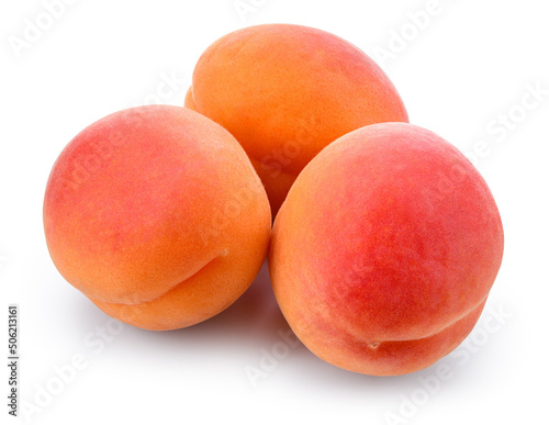 Apricot isolated. Three apricots on white background. With clipping path. Full depth of field.
