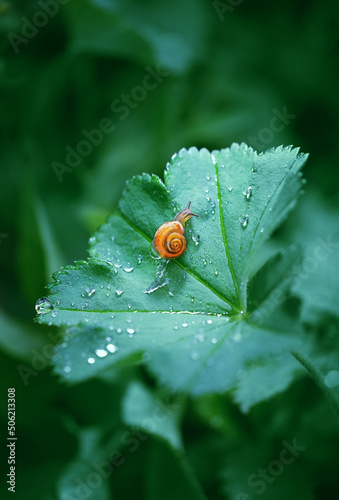 Little Snail on green leaf with water drops close up, abstract natural background. purity of nature, care about the world.  wild life, ecology, save Animal and earth concept