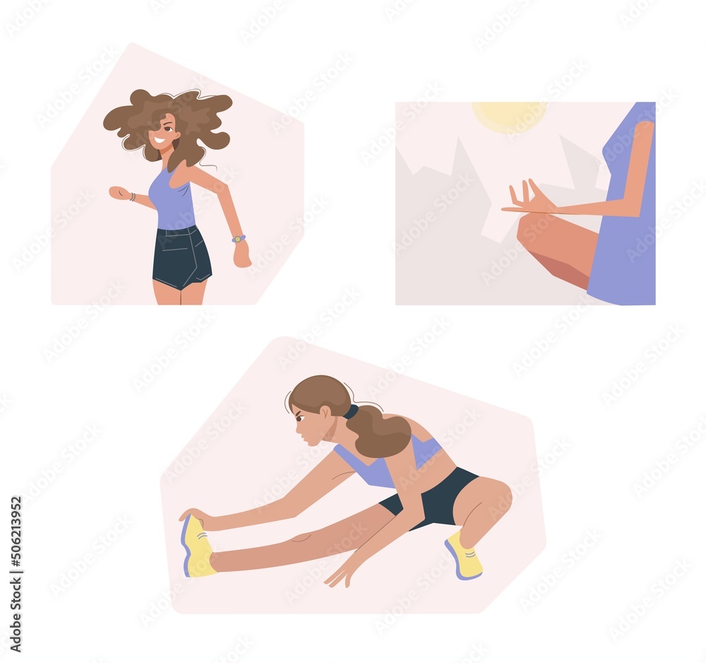 Set of female characters. The girls go in for sports. The concept of a healthy lifestyle. Vector isolated illustration of women collection. Modern flat style.
