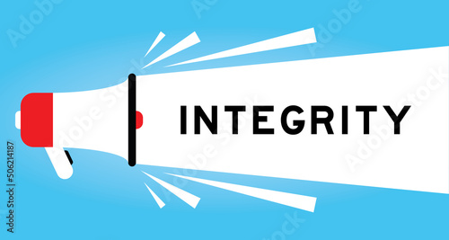 Color megaphone icon with word integrity in white banner on blue background