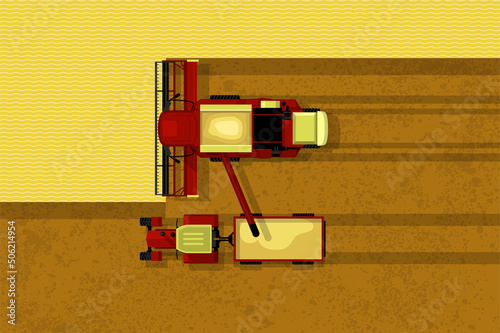 Grain harvester combine. Top view of harvester combine and tractor with trailer on field. Farmer work and harvesting, agriculture machinery, vector