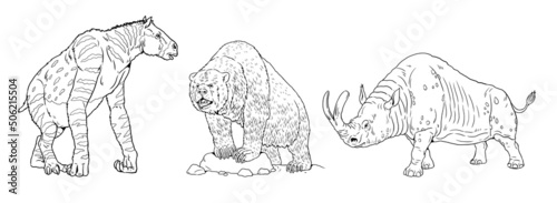 Prehistoric animals - Chalicotherium, cave bear and Megacerops. Drawing with extinct animals. Template for coloring book. photo