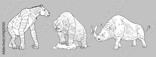 Prehistoric animals - Chalicotherium, cave bear and Megacerops. Drawing with extinct animals. Template for coloring book. photo