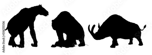 Prehistoric animals - Chalicotherium, cave bear and Megacerops. Drawing with extinct animals. Black silhouette drawing. photo