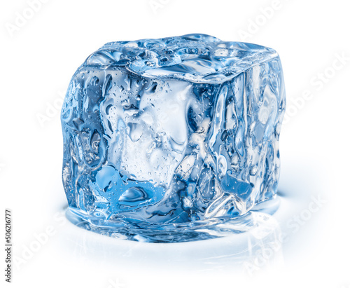 Ice cube isolate. Ice block on white background with blue reflection. With clipping path.