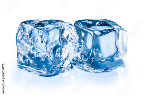 Ice cube isolate. Ice block on white background with blue reflection. Two ice blocks. With clipping path.