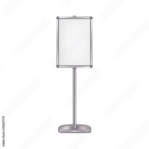 Poster frame vector mockup. Advertising floor standing display with metal base. Blank white placard sign holder stand mock-up